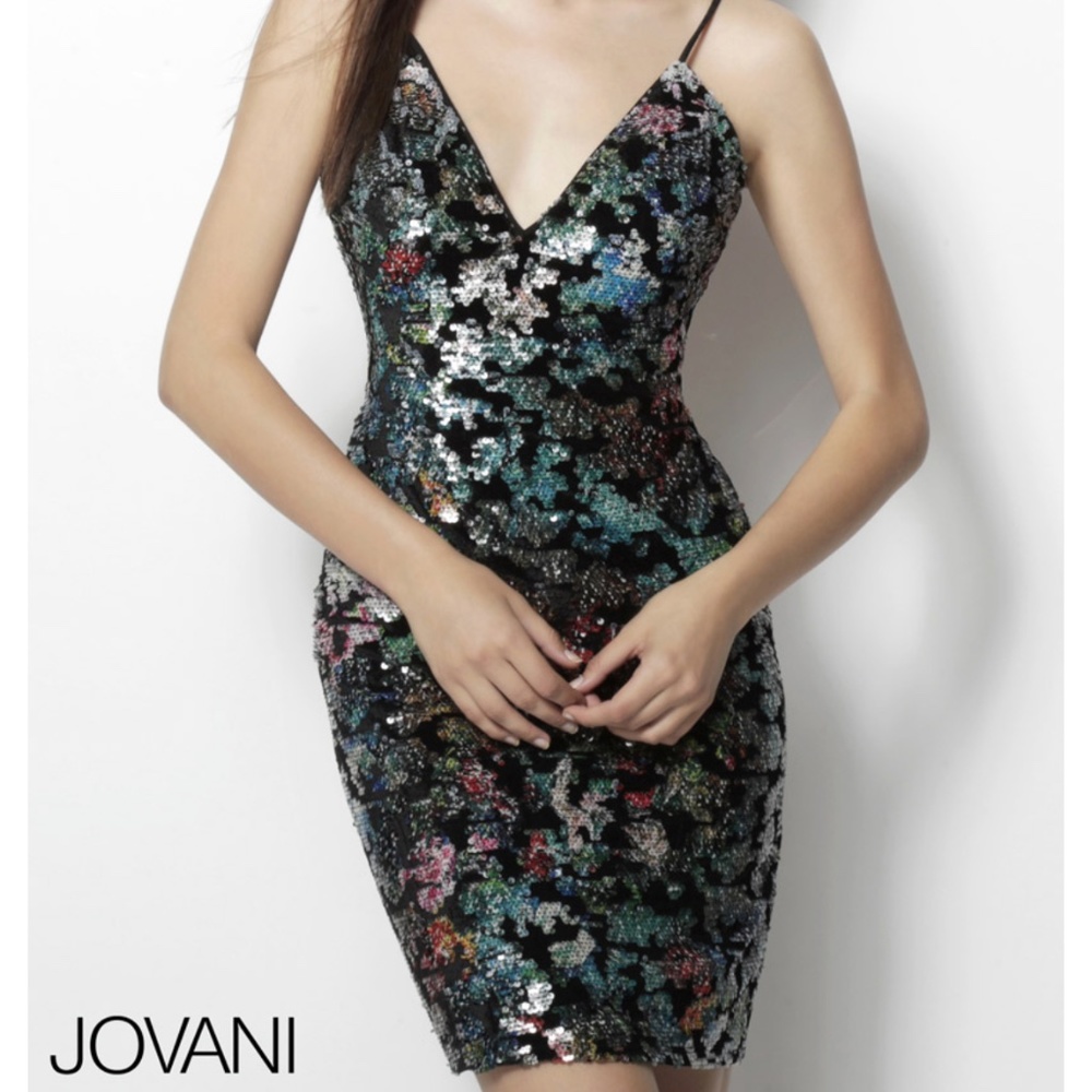 Jovani Black Multicolor Sequin Mini Dress